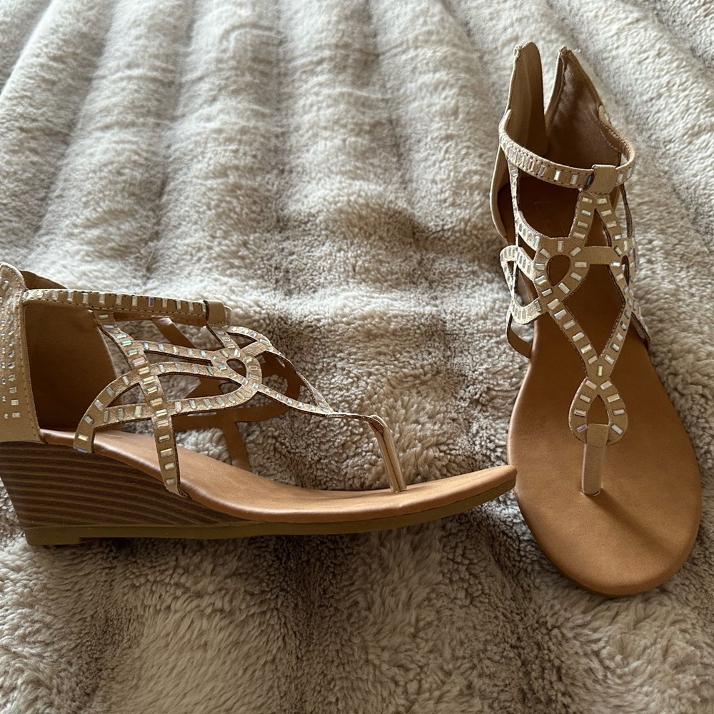 Elegant Tan Wedge Sandals size 9